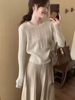 High Waist Pleated Knit Two Piece Set for Women Casual Chic Style Available in Gray White and Black Wholesale Ready