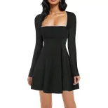 Elegant Black A Line Dress for Women Long Sleeve Lace Trim Slim Fit French Style for Spring and