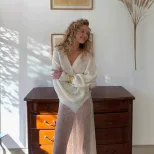 Soft Mohair V Neck Cardigan Hollow Out Design Lantern Sleeves Chic Style Perfect for Autumn Whol