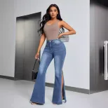 High Waisted Flared Jeans Slim Fit Split Hem Stretch Denim Casual Wear for Women Wholesale Avail