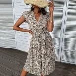 Plus Size Leopard Print V Neck Beach Dress Summer Vacation Style Comfortable and Stylish Wholesa