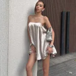 Summer Womens Dress Sexy Off Shoulder Design Satin Fabric with Hollow Out Details Elegant Evenin