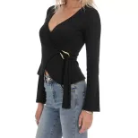 Womens Black V Neck Long Sleeve Knit Top Unique French Design Waist Tie Gold Ring Detail Casual