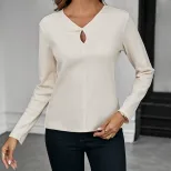 Womens Fitted Long Sleeve T Shirt Waffle Fabric Solid Color Elegant Style Spring Summer Casual W