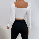 Casual Womens T Shirt Long Sleeve Waist Defined Short Crop Spring Summer Fashion for Parties and