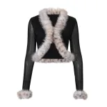 Fashionable Womens Cardigan Long Sleeve Sheer Mesh Cropped Design with Fur Collar Autumn Winter