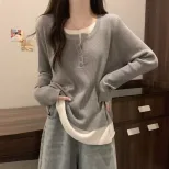 Gray Knit Two Piece Style Top for Women Loose Fit Long Sleeve Casual Layering Shirt Fall Winter Collection Wholesale