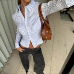 Womens Striped Long Sleeve Polo Cardigan Button Closure Elegant Design Fall Fashion Wholesale Av