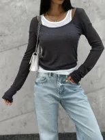 Retro Color Block Long Sleeve T Shirt for Women Slim Fit Modal Fabric Layered Design Spring and