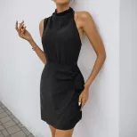 Sleeveless Black Midi Dress Elegant Halter Neck Minimalist Style Perfect for Casual and Evening