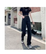 跨境牛仔裤女2023春季新款韩版百搭复古设计感高腰宽松阔腿直筒裤