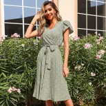 Summer Floral Green Pleated V Neck Dress Lightweight Fabric Elegant Design Perfect for Casual Ou