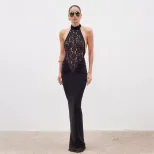 Elegant Sleeveless Lace Trimmed Bodycon Dress Hollow Out Design Red Carpet Style Perfect for Eve