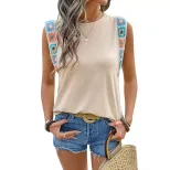 Loose Fit Womens T Shirt Ethnic Style Round Neck Woven Patchwork Casual Wear for Spring Summer W