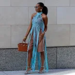 Womens Sheer Mesh Tank Top Halter Neckline Fringe Detail Summer Fashion