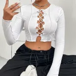 Womens Hollow Out Tie Front Crop Top Round Neck Ribbed Fabric Long Sleeve Versatile Style Autumn