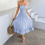 Light Blue A Line Midi Dress for Women Adjustable Straps Flowy Skirt French Style Perfect for Ca