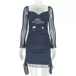 Sexy Hollow Out Bodycon Dress Long Sleeve U Neck Solid Color Fashionable for Parties and Events