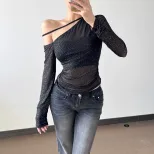 Y2K Style Womens Long Sleeve T Shirt Slim Fit Asymmetrical Shoulder Design Rhinestone Detail Spr