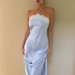 跨境欧美纯欲风无袖挂脖抹胸蕾丝边连衣裙缎面亲肤修身吊带长裙女