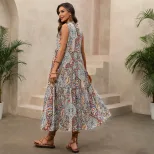 Vintage Bohemian Print Sleeveless Dress Stand Collar Drawstring Waist Relaxed Fit Perfect for Su