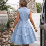 Vintage Slim Fit Denim Dress Waist Defining Elegant Design Short Sleeve Perfect for Casual Outin