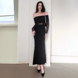 Off Shoulder Ruched Long Sleeve Dress Elegant French Style Autumn Fashion Sexy Silhouette Wholes