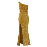 Elegant Sequin Maxi Dress Asymmetrical Shoulder Sexy Slit Fashionable Design Evening Wear Party