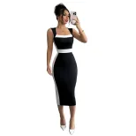 Summer Womens Long Color Block Dress Square Neck Sleeveless Elegant Style Perfect for Casual Out