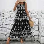 Casual Beach Vacation Maxi Dress Slim Fit Bohemian Print Spaghetti Straps Summer Wear Wholesale Available