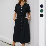 Summer Casual Shirt Dress Pocket Design Minimalist Style Solid Color Perfect for Everyday Wear W