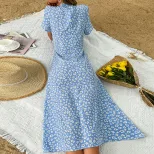 Blue Floral Print Summer Dress for Women Slim Fit Fresh Country Style Perfect for Casual Outings