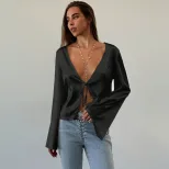 Loose Satin Tie Front Cardigan T Shirt Sexy Style Spring Summer Fashion Womens Apparel Wholesale
