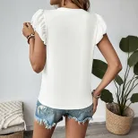 Sweetheart Puff Sleeve T Shirt Round Neck Beaded Bow Detail Soft Fabric Casual Wear for Young Wo