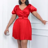 Summer Womens Dress V Neck Pleated Waist Defined Elegant Casual Style for Parties or Events Whol