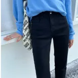 2022黑色高腰直筒牛仔裤女春秋季宽松显瘦九分微喇烟管裤胖MM裤子