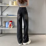 速卖通牛仔裤女2023春季新款韩版复古高腰设计感宽松垂感阔腿直裤