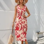 Sleeveless V Neck Floral Print Dress Red Beach Ready Lightweight Fabric Summer Vacation Style Wh