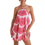 Summer Floral Print Halter Dress Loose Fit Flared Skirt Comfortable Fabric Casual Wear for Women