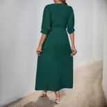 Summer Shirt Dress V Neck Tie Waist Mid Sleeve Green Casual Wear for Women Wholesale Available