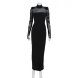 Elegant Womens Long Dress Half Turtleneck Sheer Mesh Panels Fitted Silhouette Solid Color Should