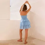 Strapless Summer Dress for Women Light Blue Ruffled Waist Defining Flattering Fit Perfect for Va