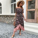 Vintage Floral Print Off Shoulder Dress Summer Style European and American Design Perfect for Ca