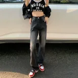 美式高腰直筒牛仔裤女2023春季设计感高街辣妹宽松阔腿拖地休闲裤