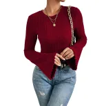 Round Neck Bell Sleeve Burgundy T Shirt Spring Summer Fashion Versatile Office Wear Wholesale Av