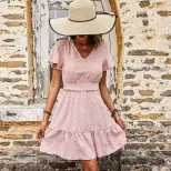 Floral Midi Dress Elegant Sweet Style Pink Color Ruffled Hem V Neck Perfect for Spring Summer Ev