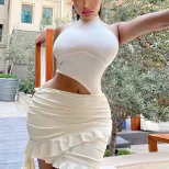 Sleeveless Ruched Dress High Neck Solid Color Elegant Fit Casual Chic for Parties or Everyday We