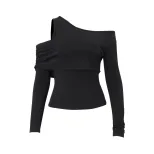 Slim Fit Long Sleeve Knit Top Solid Color Asymmetrical Neckline Versatile Style Spring Womens Fa
