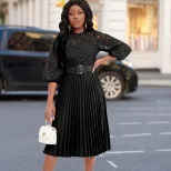 Plus Size Womens Lace Panel Pleated Hollow Out Dress Elegant Design Summer Style African Fashion