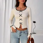 Knit Long Sleeve Top Cream Color Striped Design Bow Detail Elegant Layering for Spring and Summe